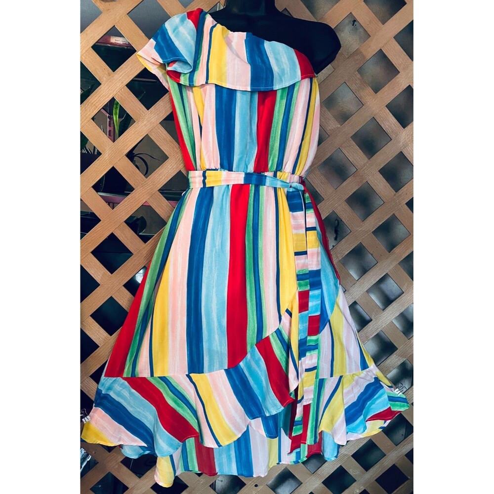 PEACH LOVE California USA Made Rainbow Stripes One-Shoulder Full Layered Dress L